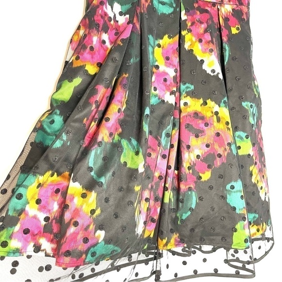ELIZA J Black Polka Dots Mesh Floral Fit & Flare Dress US 10 - Picture 4 of 7